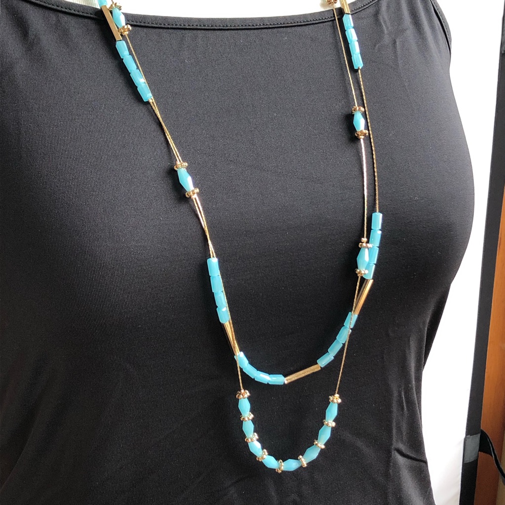 14th Union Long Necklace Aqua Light Blue And Gold Chain Beaded Long 40 New 14$
